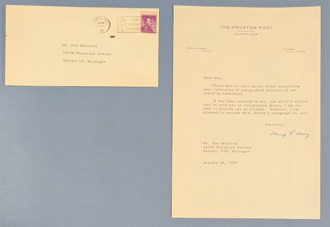 1947 Philip Murray CIO Union TLS + Envelope Re: Autograph of Mrs. Hobby