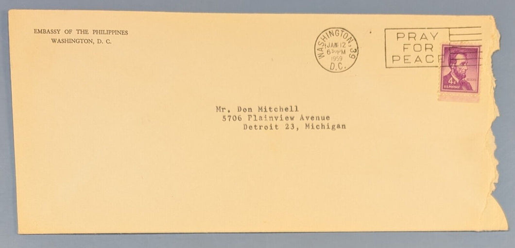 1959 Embassy of Philippines Envelope to USA - PRAY FOR PEACE Postmark Diplomatic