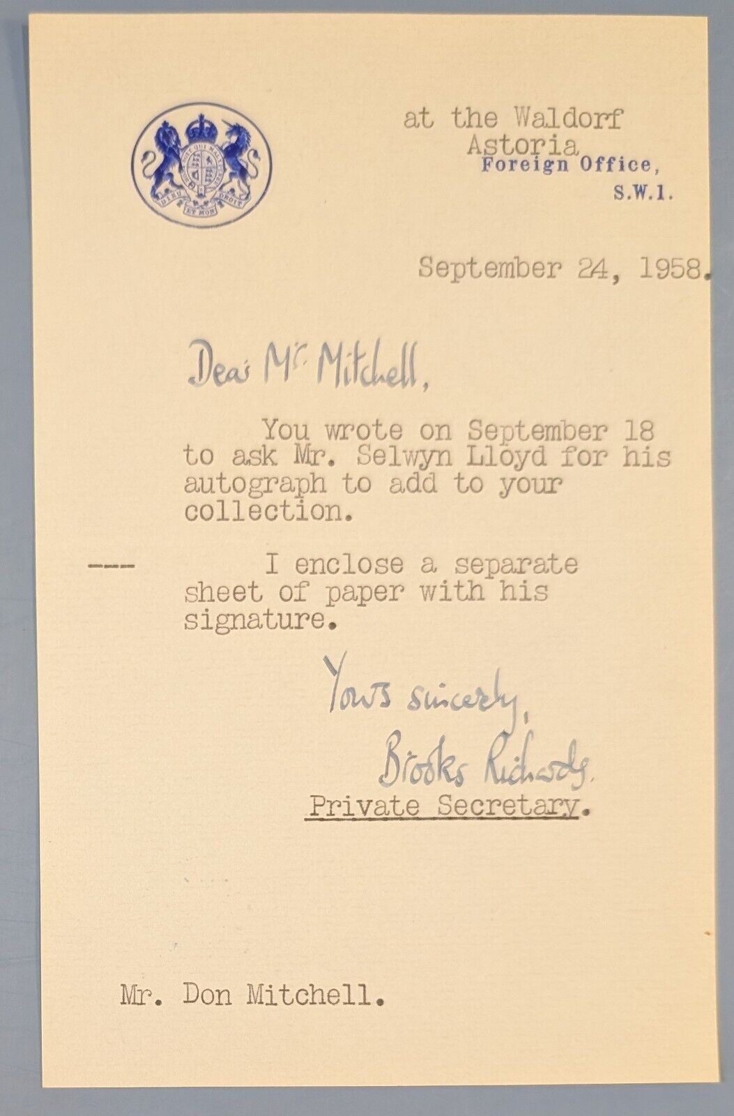 1958 UK Foreign Office Letter Brooks Richards re: Selwyn Lloyd Autograph