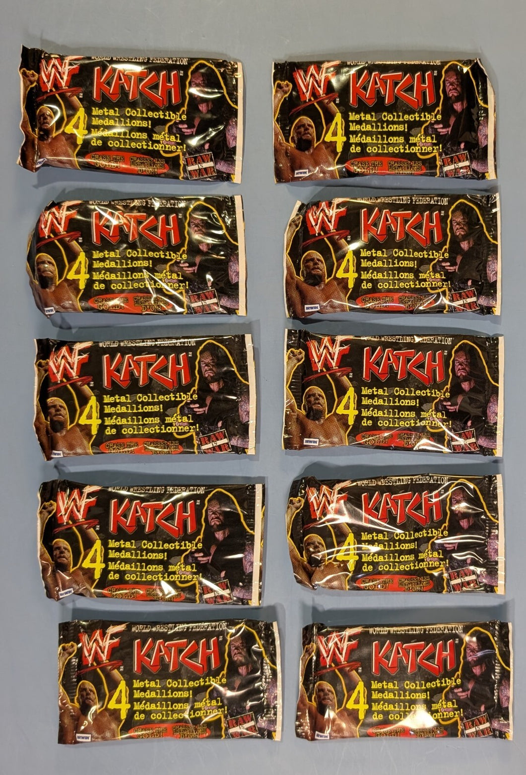 Lot of 10 WWF Katch Metal Collectible Medallions Sealed Packs Rock Undertaker