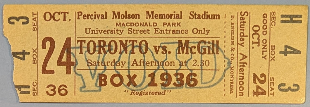 1936 Toronto vs. McGill Football Ticket Stub at Percival Molson Memorial Stadium