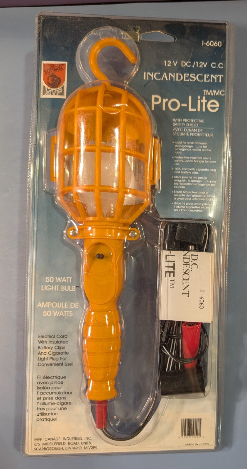 New MVP Pro-Lite 12V Incandescent Work Light 50W Battery Clips Cigarette Plug