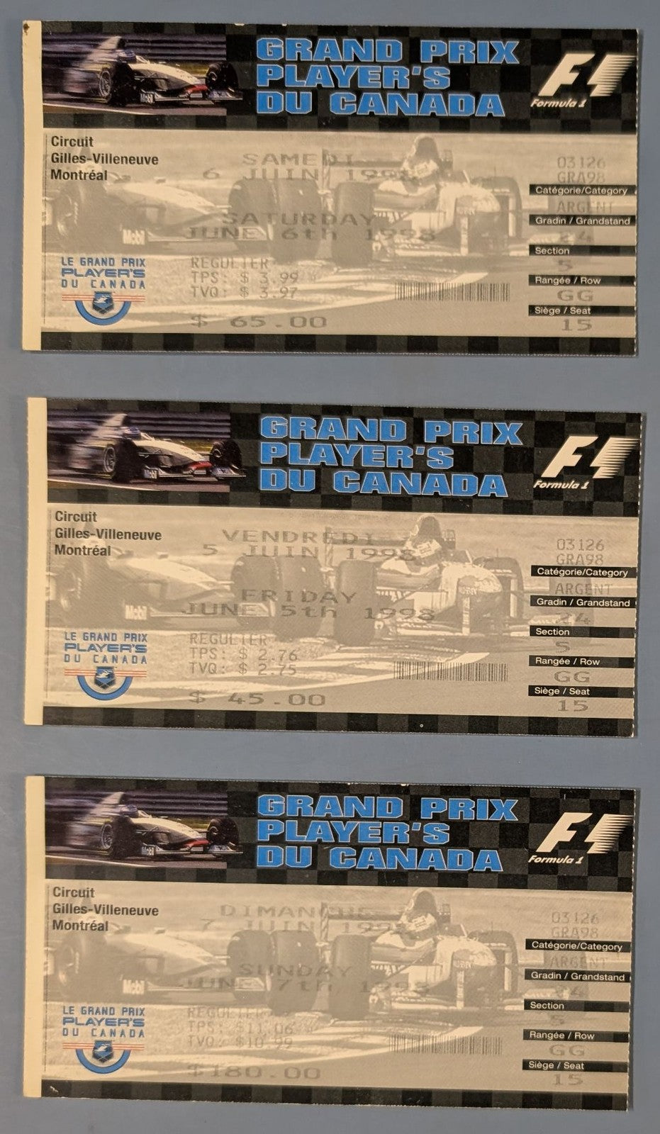 Lot of 3 - 1998 Grand Prix Player's Du Canada F1 Ticket Stubs - Montreal
