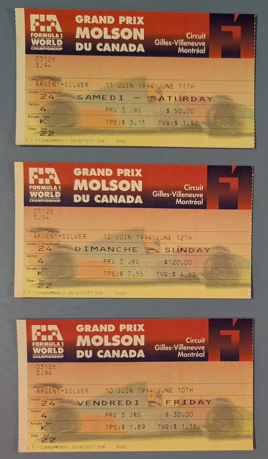 1994 Grand Prix Molson du Canada F1 World Championship Ticket Stub Lot (3)