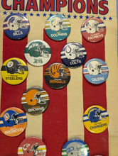 Load image into Gallery viewer, Vintage WinCraft NFL Super Bowl Champions Felt Banner with 30+ Team Helmet Pins
