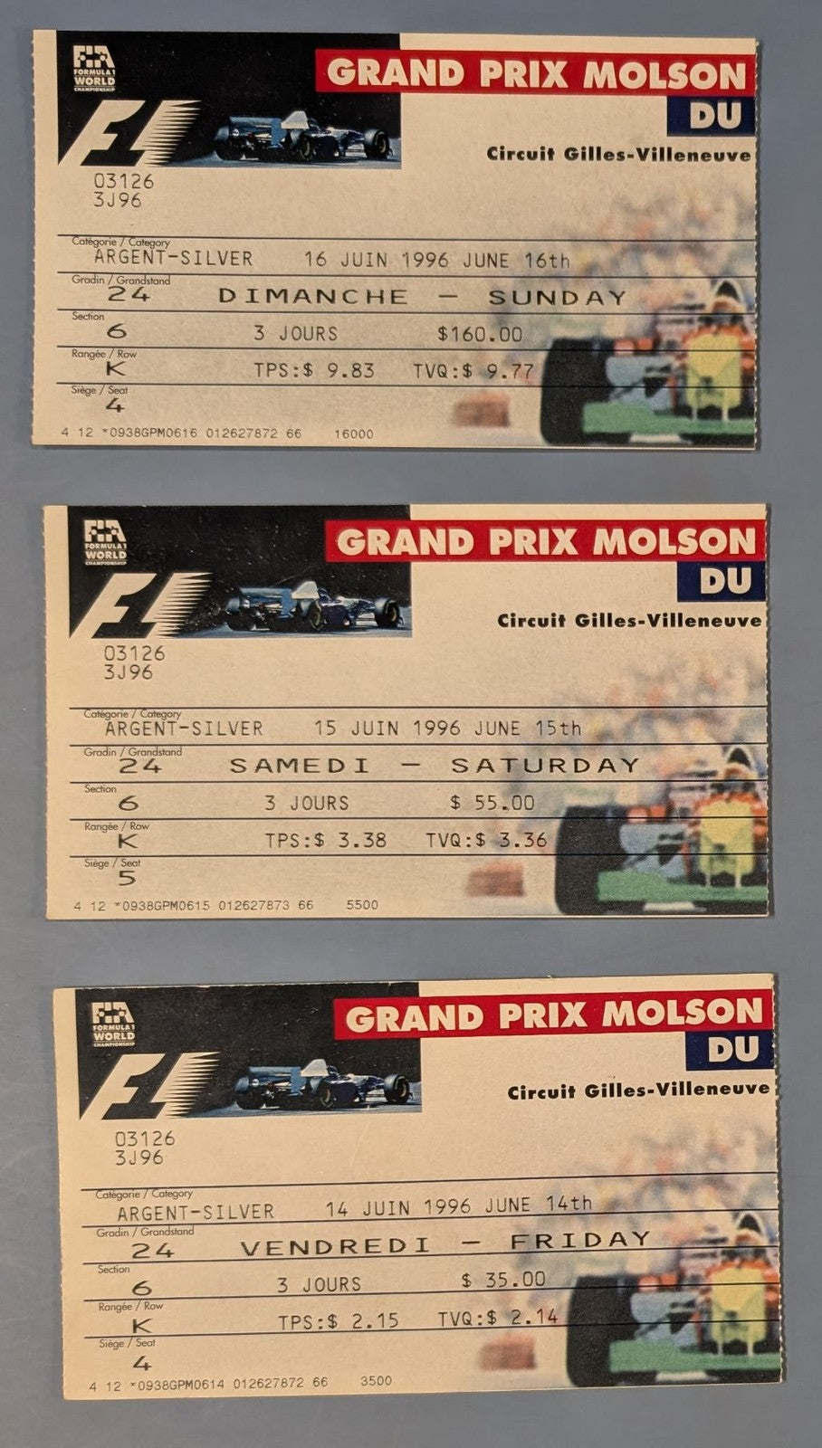 1996 Grand Prix Molson du Canada F1 Ticket Stubs - June 14, 15, 16 - Montreal