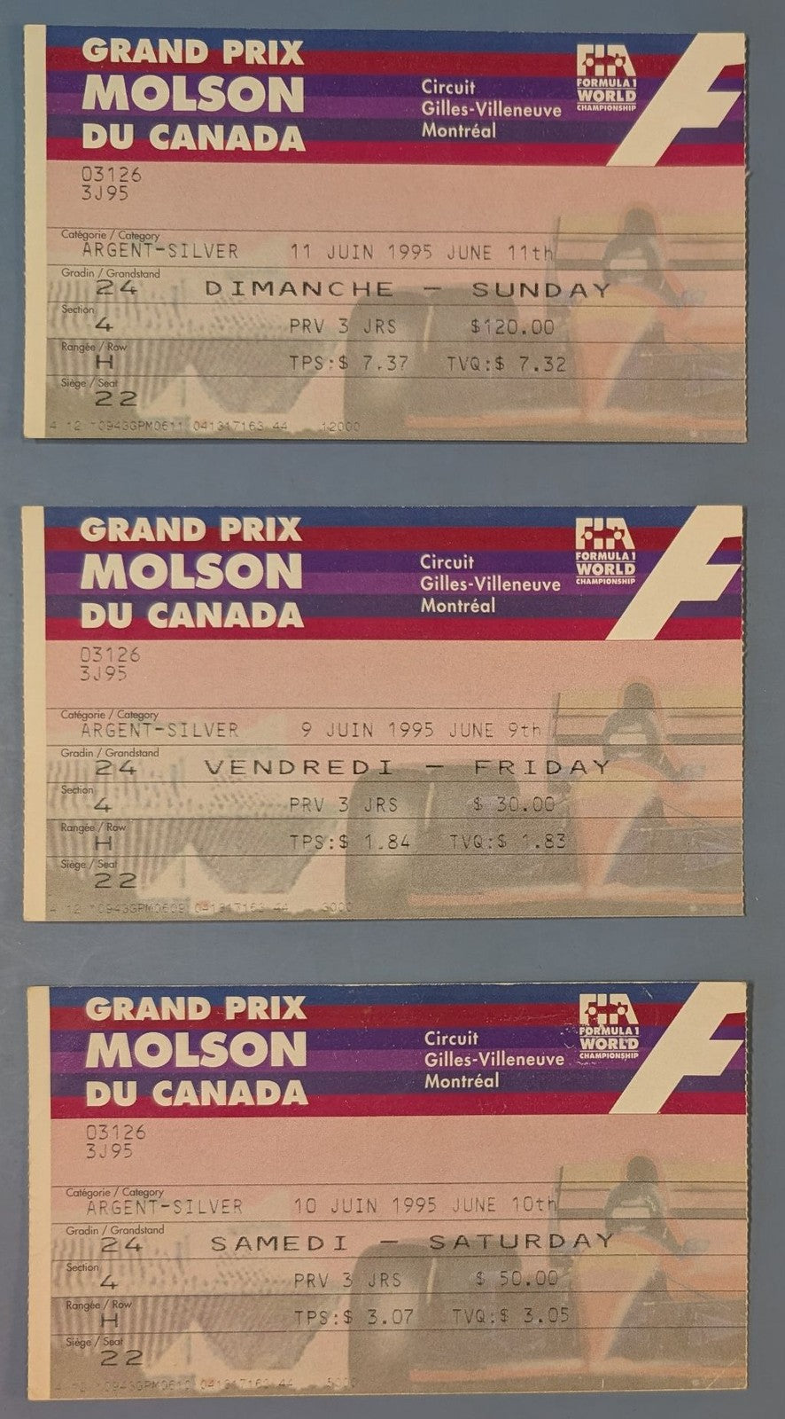 1995 Molson Grand Prix F1 Tickets (Set of 3) – Circuit Gilles-Villeneuve