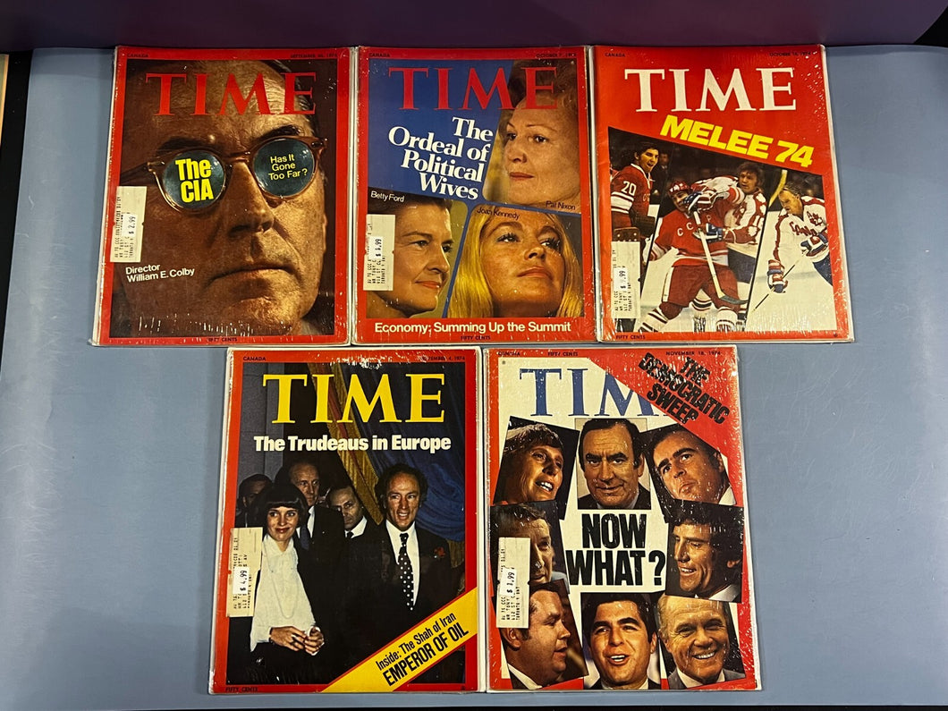 Lot of 5 Vintage Time Magazines 1970s - CIA, Political Wives, Melee 74
