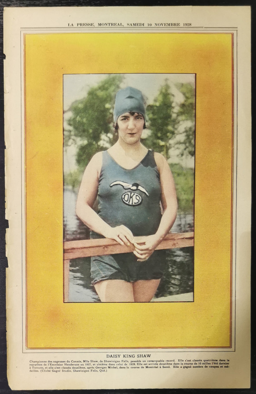 LA Press Montreal 10 November 1928 Daisy King Shaw Swimmer Poster, Good