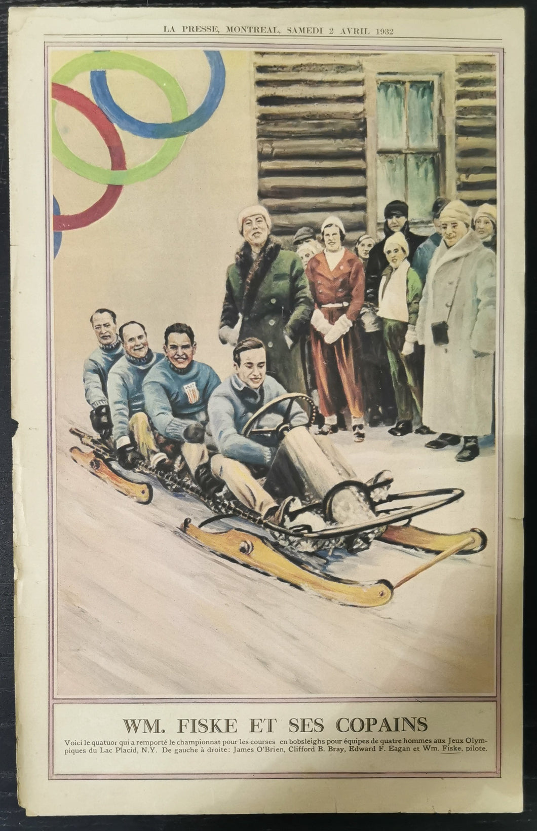 LA Press Montreal 2 April 1932 WM. Fiske Et Ses Copains BobSleigh Poster Good