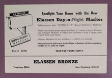 Load image into Gallery viewer, Vintage 1953 Klassen Bronze Day-n-Night Mailbox Marker Ad Flyer Ontario
