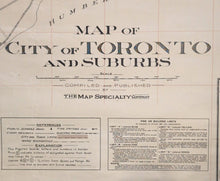 Load image into Gallery viewer, Vintage Map of City of Toronto and Suburbs by The Map Specialty Company c.1912
