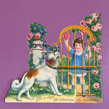 Load image into Gallery viewer, Vintage 1920s Die-Cut Pop-Up Valentine Card Girl Dog at Gate "It's a dog's life"
