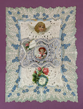 Load image into Gallery viewer, 1800s Victorian Layered Lace Valentine Card Angel Silver Frame "Love guides me"

