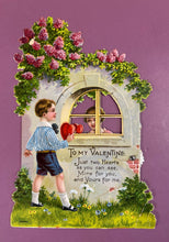 Load image into Gallery viewer, Vintage 1920sGerman Die-Cut Mechanical Valentine Card Boy, Girl in Window
