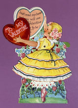 Load image into Gallery viewer, Vintage 1929 Mechanical Valentine Card Girl in Yellow Dress Made in Germany
