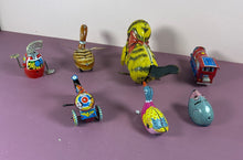 Load image into Gallery viewer, 1940s Lot of 7 Vintage Wind-Up Tin Toys Cat, Train, Robot, Duck, Motorcycle
