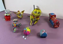 Load image into Gallery viewer, 1940s Lot of 7 Vintage Wind-Up Tin Toys Cat, Train, Robot, Duck, Motorcycle
