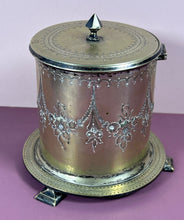Load image into Gallery viewer, Antique Victorian Silver Plated Engraved Biscuit Barrel Jar on Stand
