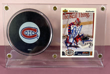 Load image into Gallery viewer, Patrick Roy Signed 1992 Upper Deck #614 Card &amp; Canadiens Puck Display Case
