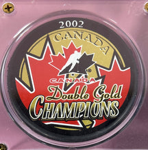 Load image into Gallery viewer, Curtis Joseph Signed Valu-net Card &amp; 2002 Canada Double Gold Puck Display
