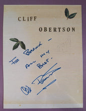 Load image into Gallery viewer, Cliff Robertson Signed Card w/ Misspelled Name &amp; Dina Merrill Photo on Back
