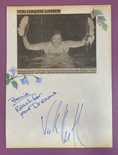 Load image into Gallery viewer, Vicki Keith Autographed Newspaper Clipping "Vicki Conquers Superior" ~1990
