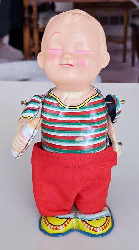 Vintage Metal Wind-Up Toy - baby Drinking & Pulling Down Pants - Works!