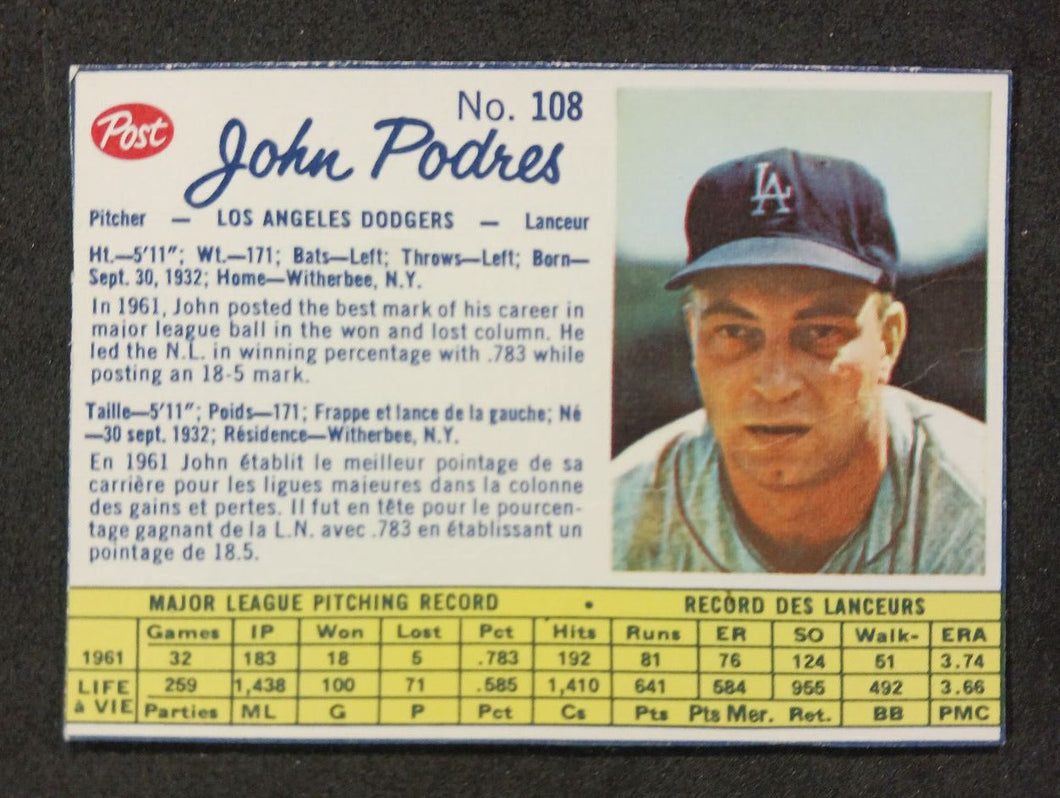 1962 Post Canadian John Podres #108 Hand Cut