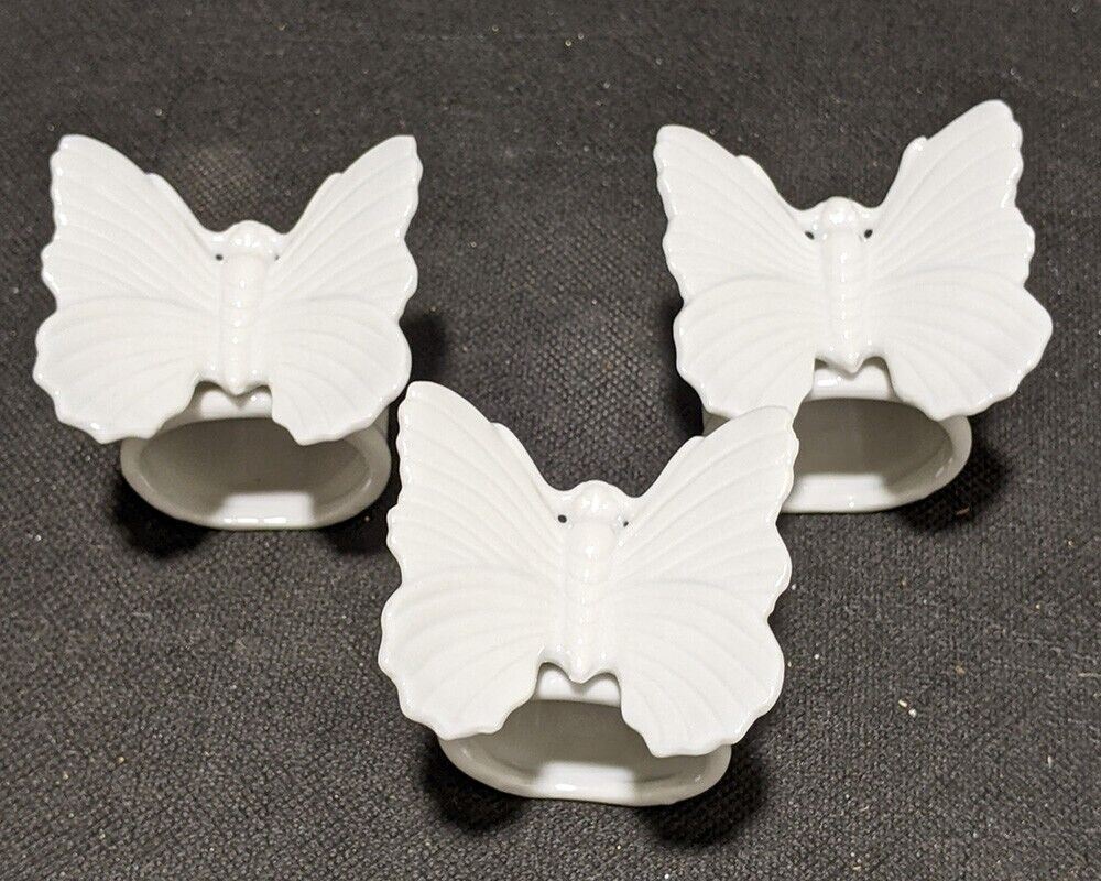 3 White Ceramic Butterfly Topped Napkin Rings