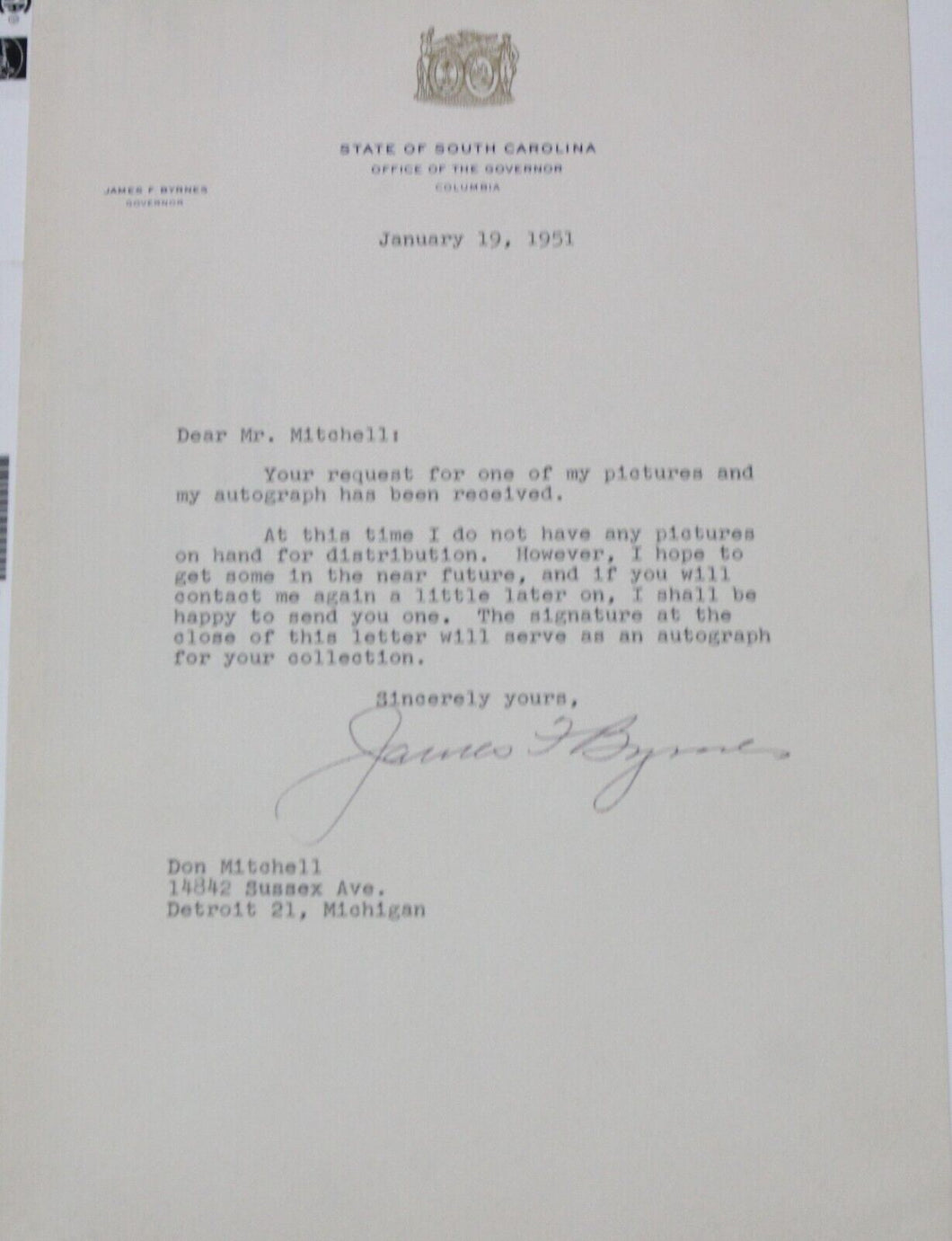 James F. Byrnes Autograph (Governor of South Carolina, 1951-1955)