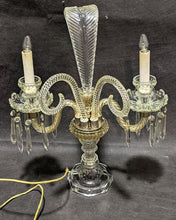 Load image into Gallery viewer, Pressed Glass &amp; Cut Crystal Candle Lamp with Serpentine Arms &amp; Feather Detail
