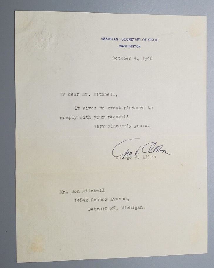 1948 Autograph of Assist. Sec. of State George V. Allen Signed