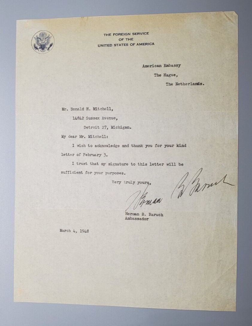 1948 Autograph Ambassador in Netherlands Herman B. Baruch Signed