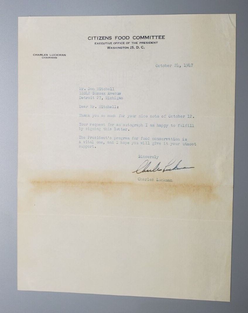 1947 Autograph Chairman Food Committee Charles Luckman Signed