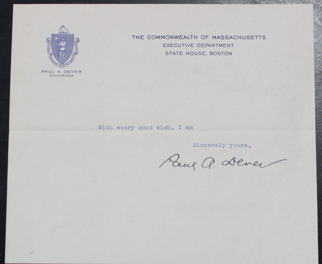 Paul A. Dever Autograph (Governor of Massachusetts, 1949-1953)