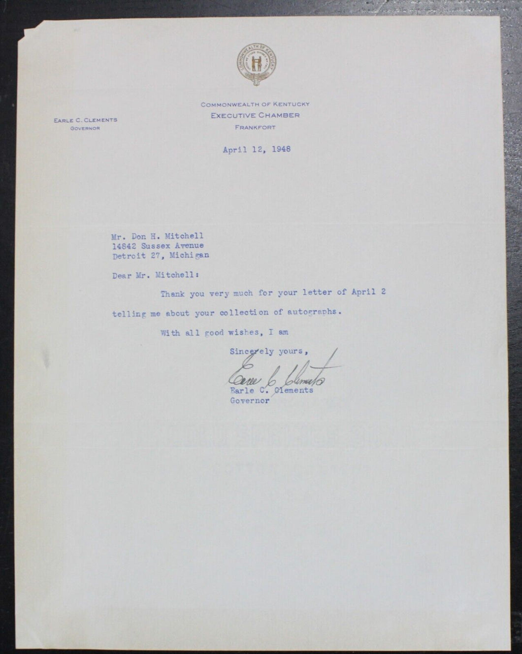 Earle Clements Autograph (Governor of Kentucky, 1947-1950)
