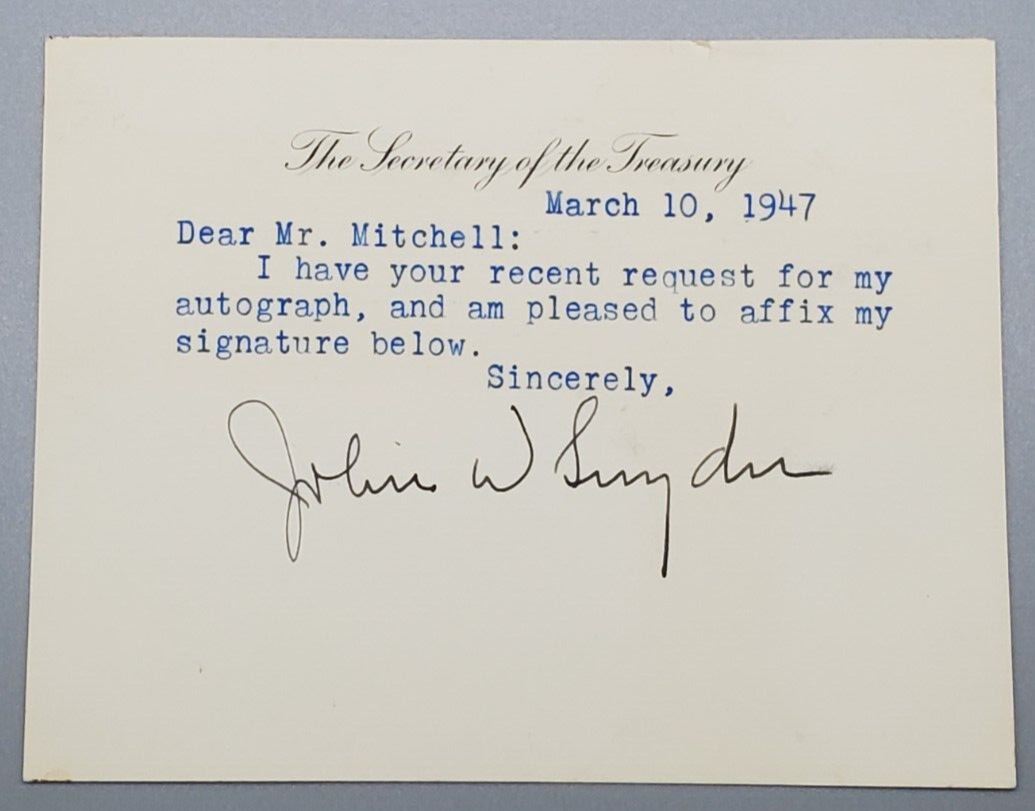 1947 Autograph Secretary of Treasury John Wesley Snyder Signed