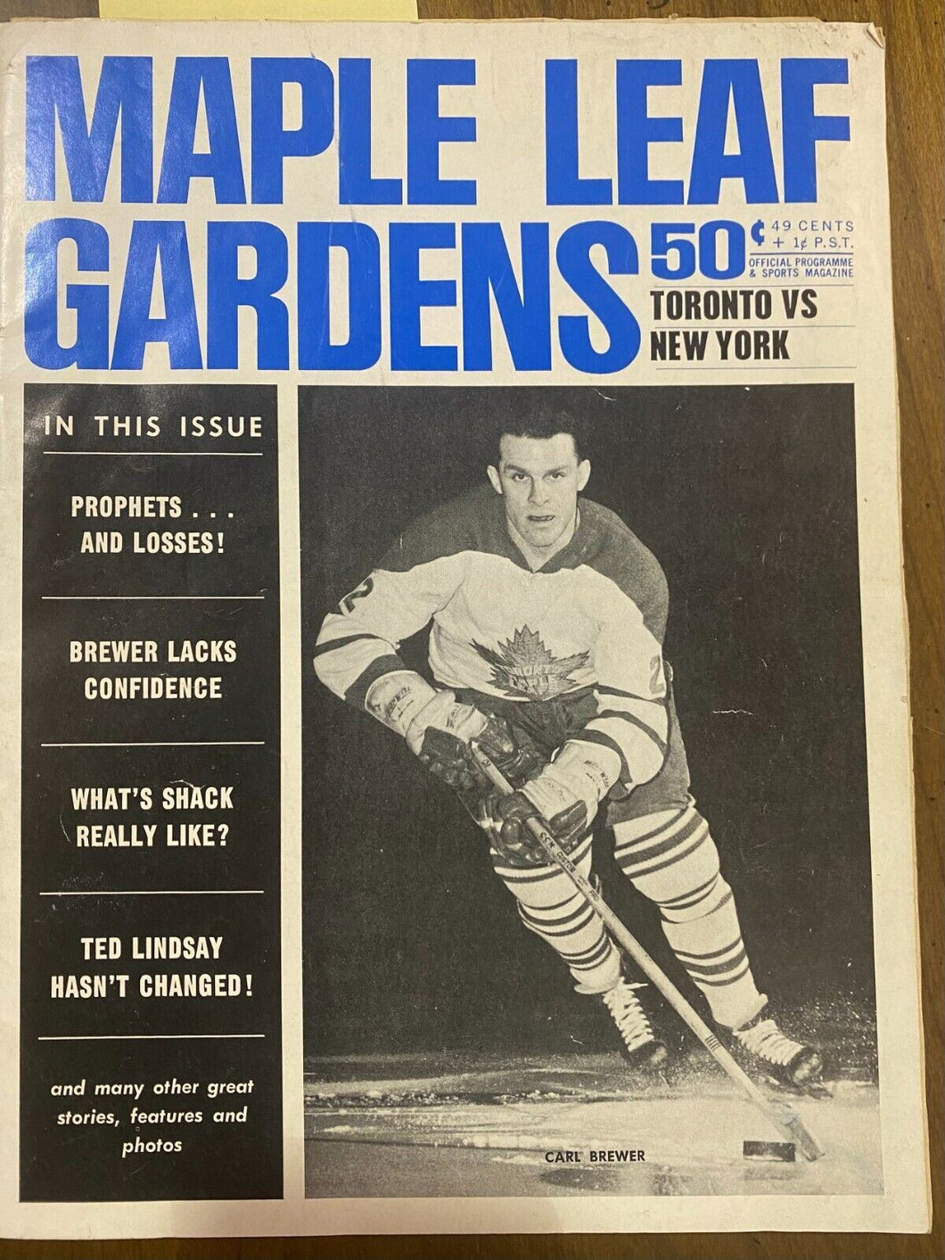 1964-65 Jan 23 Maple Leafs Program Ranger Carl Brewer Cover