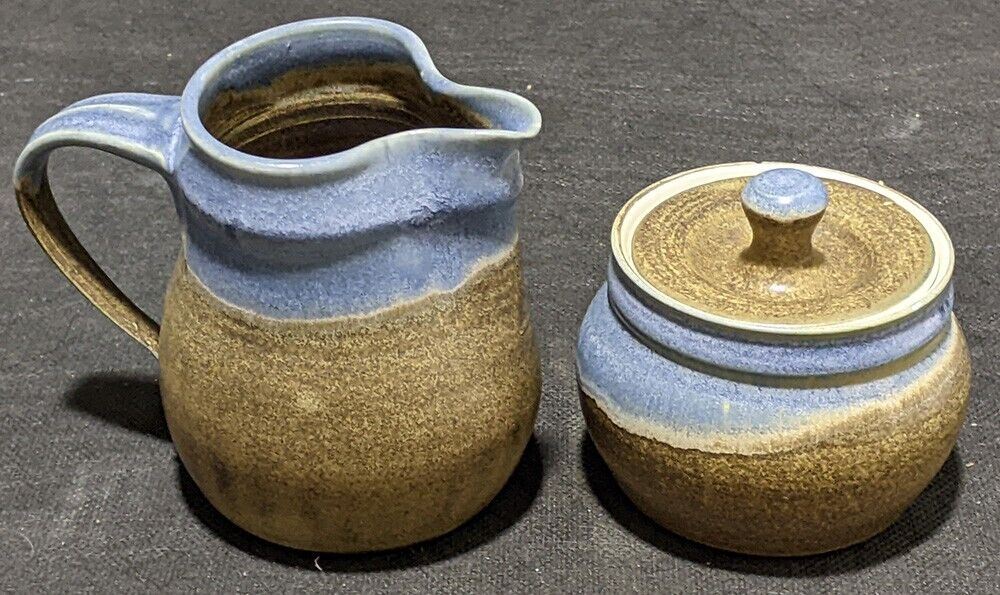 Beautiful Earth Tone Blue & Brown Pottery Cream & Sugar Set - As Is