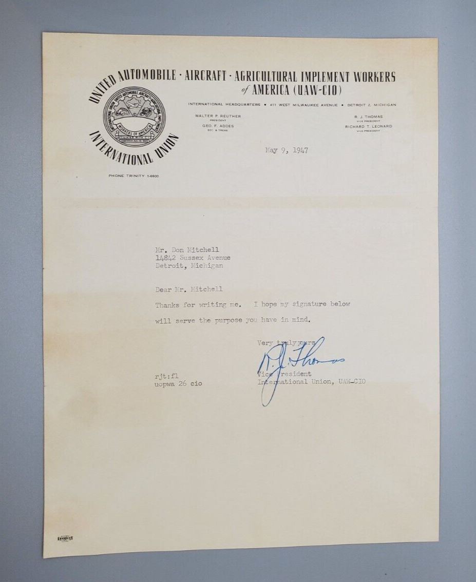 1947 UAW-CIO R. J. Thomas Autograph Signed