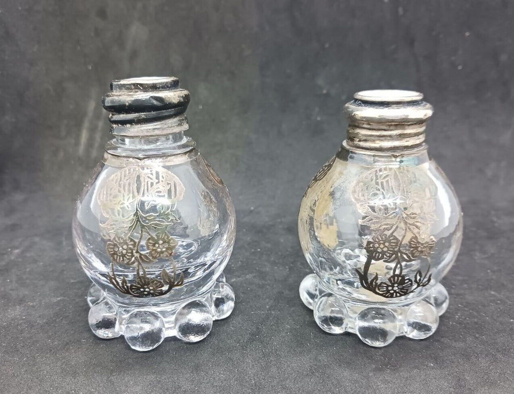 Crystal Glass Salt & Pepper Shakers STERLING TOPS w/ Candlewick Pattern Set