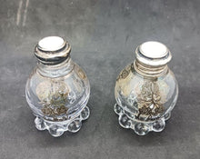 Load image into Gallery viewer, Crystal Glass Salt &amp; Pepper Shakers STERLING TOPS w/ Candlewick Pattern Set
