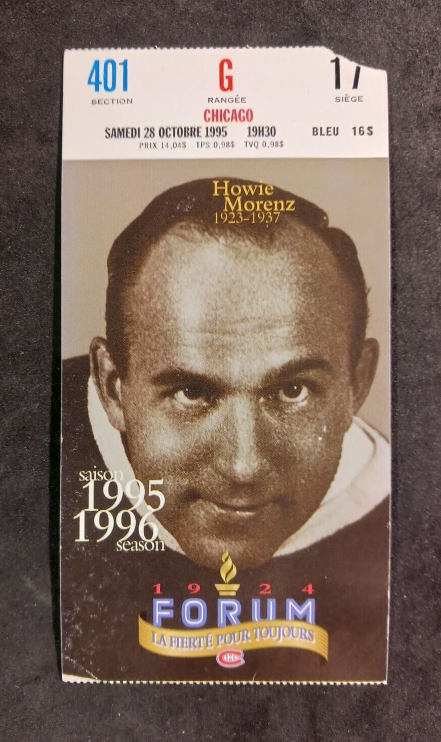 1995 October 28 Montreal Forum Ticket Stub w/ Morenz Cover - Cut Corner