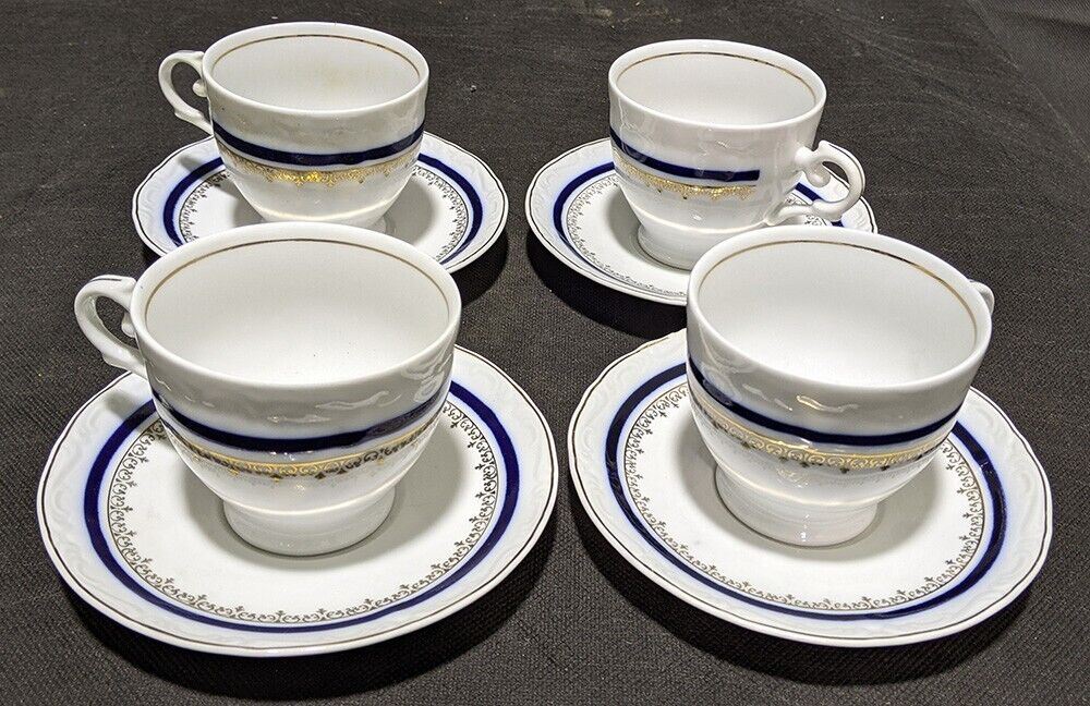 Set of 4 Romania Made Cups & Saucers - Cobalt Blue & Gold Detail