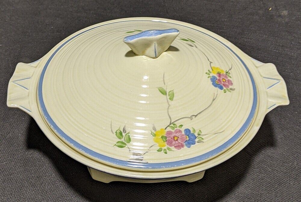 Vintage Crown Ducal Earthenware Round Covered Vegetable Dish - Blue Rim, Flowers