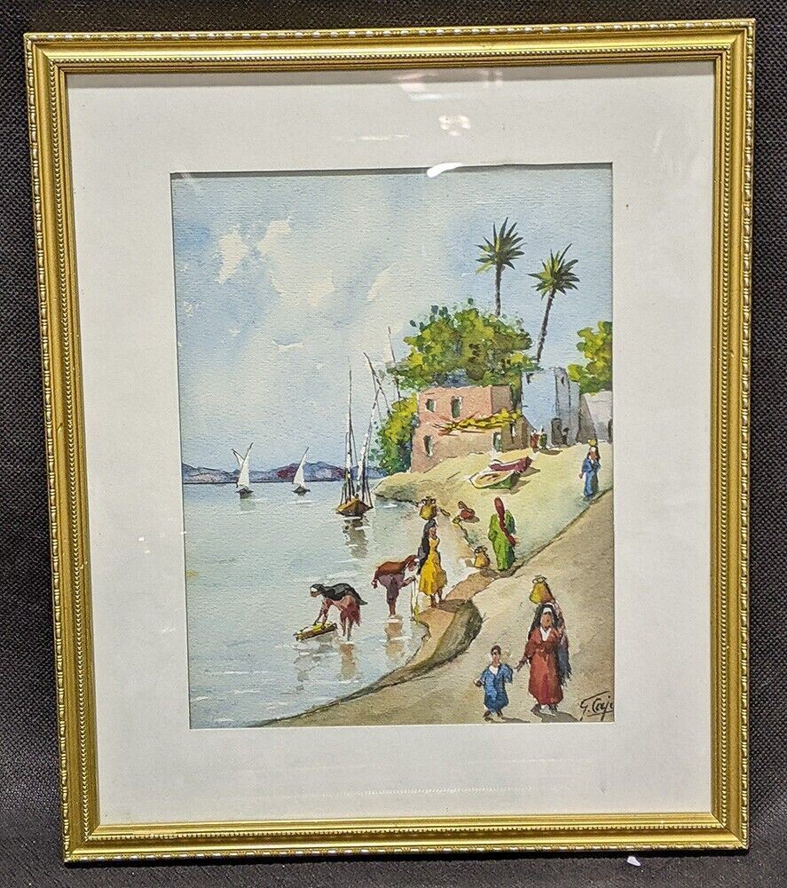 Framed & Signed Watercolour - Seaside, Beach Side Scene