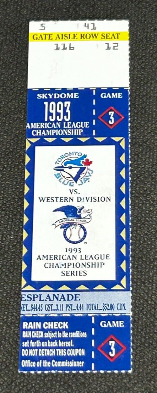 1993 Skydome American League Championship Game 3 Toronto Blue Jays Ticket Stub