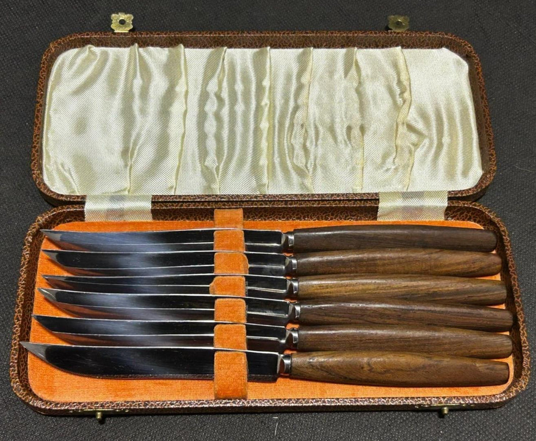 Cutlass Leppington Sheffield England Mid Century Modern Steak Knife Set w/ Case