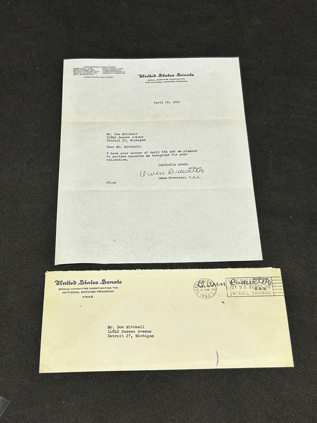 April 16 1947 Signed / Autograph Of Owen Brewster Senator of Maine, EX